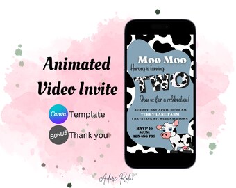 Invitación digital para fiesta de cumpleaños número 2 de Moo Moo / Invitación para el segundo cumpleaños con temática de vaca de granja / Invitación para fiesta de cumpleaños de granja editable y descarga instantánea