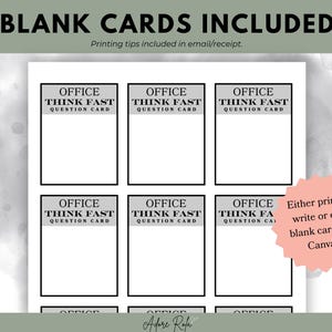 May include: Nine blank cards with the text "Office Think Fast Question Card" printed on each card. The cards are arranged in three rows of three. A pink circle with the text "Either print & write or edit blank cards in Canva." is in the bottom right corner of the image.