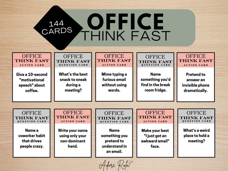 May include: A set of 144 pink and gray office game cards with the text "Office Think Fast" printed on the top. The cards are divided into two categories: action cards and question cards. Each card has a different prompt or challenge for players to complete.
