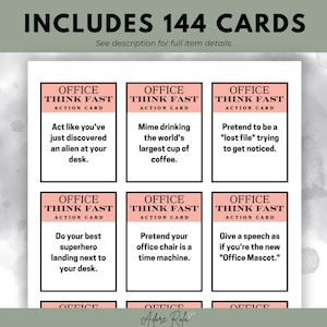 May include: A set of 9 pink and black cards with the text "Office Think Fast Action Card" and various silly office-themed prompts. The cards are arranged in a 3x3 grid.