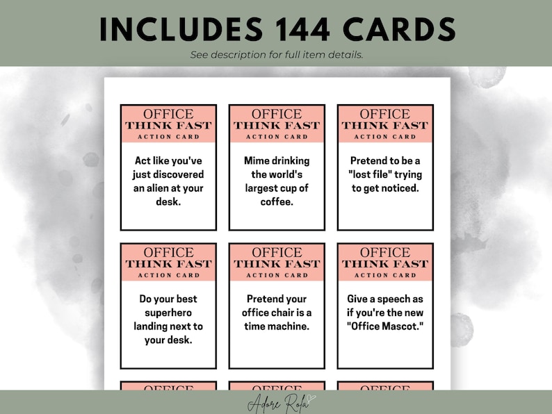 May include: A set of 9 pink and black cards with the text "Office Think Fast Action Card" and various silly office-themed prompts. The cards are arranged in a 3x3 grid.