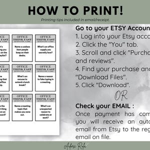 May include: A printable set of 9 office think fast question cards. The cards are black and white with a simple design. The cards are designed to be used as a fun icebreaker or team-building activity. The cards feature questions such as "What's something you wish was on the office playlist?" and "What's an unexpected reason to celebrate at work?"