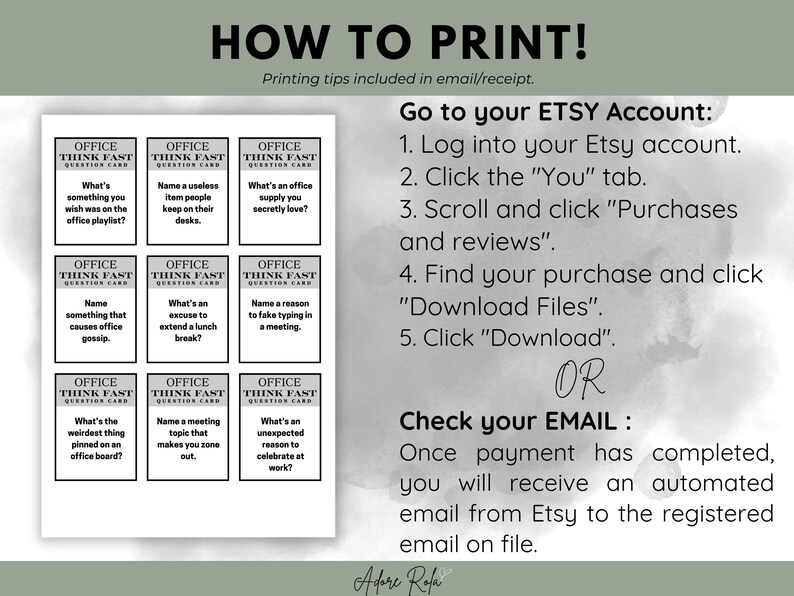 May include: A printable set of 9 office think fast question cards. The cards are black and white with a simple design. The cards are designed to be used as a fun icebreaker or team-building activity. The cards feature questions such as "What's something you wish was on the office playlist?" and "What's an unexpected reason to celebrate at work?"