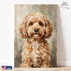 May include: A vertical canvas print featuring an oil painting of a golden-brown curly-haired dog with dark eyes and a black nose. The background consists of textured, muted green and beige brushstrokes. The text ADA ARTFUL DELIGHTS is visible.