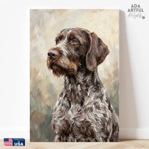 May include: An oil painting on canvas featuring a portrait of a German Wirehaired Pointer dog. The dog has a brown head and ears with a textured, mottled coat of brown and white fur. The background is a soft, neutral-toned abstract brushstroke.