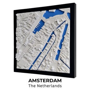 Modèle 3D de la ville d'Amsterdam, Carte de ville Personnalisée, Impression 3D, Paysage Urbain, Carte Encadrée, Décor d'Horizon Minimaliste
