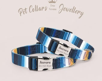 Personalized Striped Nylon Dog Collar, Custom Engraved Pet ID, Adjustable Blue Stripe Collar