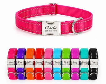 Collar reflectante de nailon personalizado para perros, placa de identificación grabada, collar ajustable para mascotas.