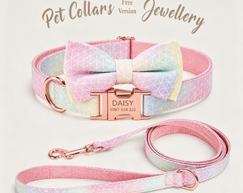 Personalized Dog Collar & Leash Set, Engraved Rose Gold Buckle, Pastel Rainbow Ombre Pet Collar