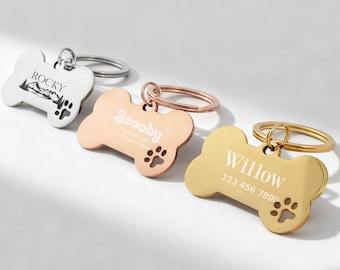 Etiquetas de identificación personalizadas para perros, etiquetas de hueso para collar de mascotas, etiqueta de acero inoxidable, grabadas con láser, regalos para mascotas para gatos y cachorros.