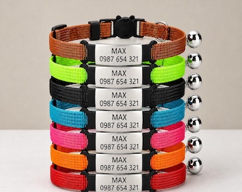 Personalised Cat Collar Reflective Cat Collar with Name Custom Engraved Cat Collar Kitten Collar with Bell Webbing Pet Collar