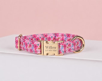 Personalisiertes Hundehalsband mit rosa Blume, graviertes Haustierhalsband, süßes Accessoire für Hündinnen, Halsband für den täglichen Spaziergang, Geschenk für Tierliebhaber