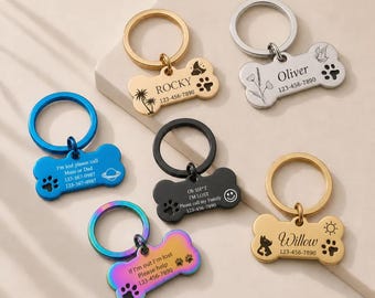 Placa de identificación personalizada con forma de hueso para mascotas, placa grabada a medida con nombre y número de teléfono, bonita placa para collar de perros pequeños, medianos y grandes.