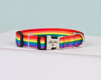 Puede incluir: Un collar para mascotas con rayas de arcoíris y una hebilla de metal plateado. La hebilla está grabada con el nombre Apollo y un pequeño icono de huella. El collar incluye deslizadores de ajuste de plástico negro y una anilla en D metálica.
