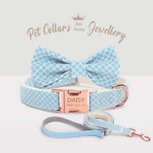 Blue Dog Collar with Bow, Personalized Dog Collar and Lead, Puppy Collar, Dog Collar with Name, Engraved Dog Collar, Birthday Gift for Dog