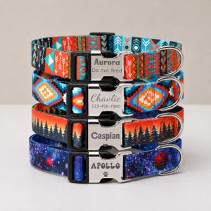 May include: A stack of four pet collars with metal buckles. The top collar has a geometric pattern with the text Aurora Do not feed. The second has a diamond pattern with Chavlie 123-456-7890. The third shows a forest scene with Caspian. The fourth has a galaxy print with APOLLO.