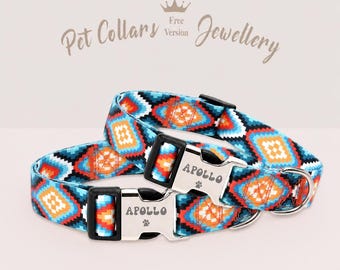 May include: Two patterned dog collars with a geometric design in shades of blue, orange, and white. The collars have silver buckles with the name "APOLLO" engraved. The image also includes the text "Pet Collars Jewellery".