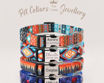 May include: Four personalized pet collars with various patterns and names. The collars feature geometric, forest, and galaxy designs in vibrant colors. Each collar has a silver buckle with a pet's name and contact information.
