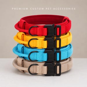 Puede incluir: Una pila de cuatro collares de nailon para mascotas en rojo, amarillo, azul claro y beige. Cada collar cuenta con una anilla en D de metal negro, una hebilla de plástico negro de liberación rápida y una trabilla. El texto PREMIUM CUSTOM PET ACCESSORIES es visible.