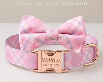 May include: A pink and light purple plaid pet collar featuring a matching bow tie and a rose gold metal buckle. The buckle is engraved with the name Willow and the phone number 123-456-7890. The text PREMIUM CUSTOM PET ACCESSORIES is visible.