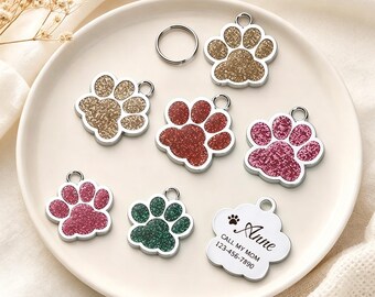 Glitter Paw Print Dog Tag, Personalized Engraved Pet ID