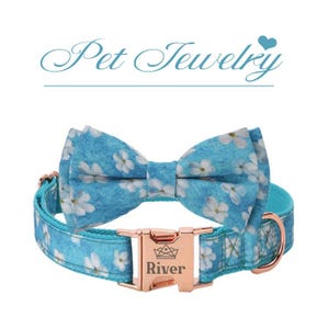 Dog Collar and Leash, Personalized Puppy Collar, Flower Dog Collar and Lead with Bowtie, Customized Pet Name Silent Buckle, Blue Pet Collars