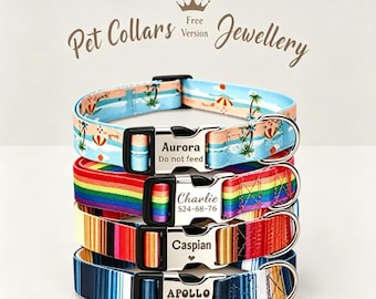 Gestreiftes Hundehalsband mit individueller Gravur, Reflektierendes Nylon Gurtband