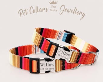 Personalisiertes Orange gestreiftes Hundehalsband, Boho Nylon Haustier Accessoire, Gravur Namensschild