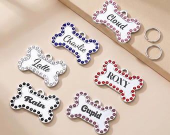 Personalized Bone Pet ID Tag, Custom Engraved Dog Collar Charm, Rhinestone Puppy Cat Tag