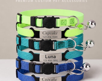 Personalized Breakaway Cat Collar with Bell, Engraved Name Tag, Reflective Kitten Collar, Adjustable Nylon Pet ID Collar