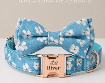Personalized Blue Floral Dog Collar with Bow Tie, Custom Engraved Dog Collar, Cute Flower Pet Collar,  Dog Mom Gift