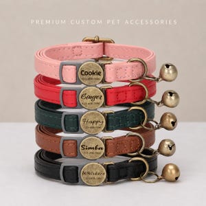 Könnte beinhalten: Ein Stapel aus fünf Haustierhalsbändern in Rosa, Rot, Dunkelgrün, Braun und Schwarz. Jedes Halsband hat eine runde, messingfarbene Metallplakette mit eingraviertem Namen und Telefonnummer, eine passende Glocke und einen grauen Kunststoffverschluss.