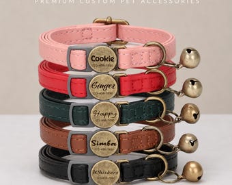 Leather Cat Collar, Personalized Breakaway Cat Collar, Custom Cat Collar with Name, Kitten Collar with Bell, Safety ID Collar