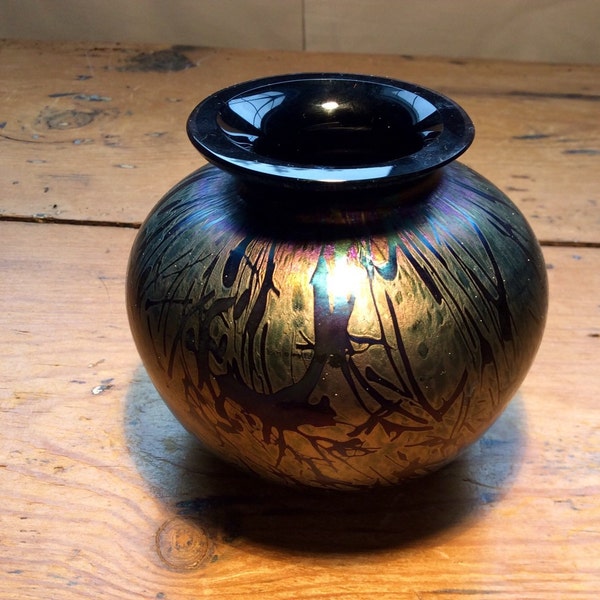 Vintage Royal Brierley Studio art glass vase in irridescent dark blue and gold, great condition and etched underneath