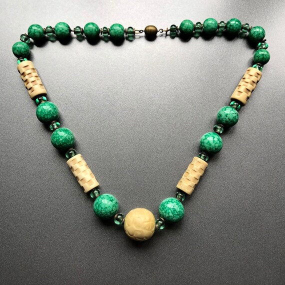 Art Deco Louis Rousselet Green Glass Galalith Beads Necklace FRANCE