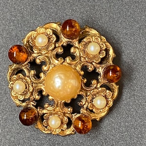 Vintage Faux Pearl Brooch: Orange Glass & Gold Tone Austrian Jewelry