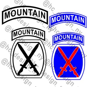 May include: A black and white patch with the word "MOUNTAIN" in a curved banner above two crossed swords. The patch is surrounded by a white border. A blue and white patch with the word "MOUNTAIN" in a curved banner above two crossed swords. The swords are red and the patch is surrounded by a white border.