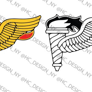 May include: A gold and red winged torch with a white flame, and a black and white version of the same winged torch.