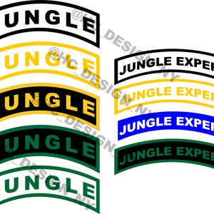 May include: A collection of patches with the word "JUNGLE" and "JUNGLE EXPERT" in various color combinations. The patches have a curved rectangular shape with a black border and white or yellow text.
