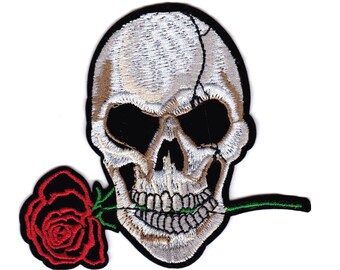 Skull Red Rose Romance Embroidered Iron-On Patch Sabrina