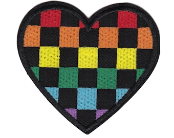 Rainbow Heart Checkered Embroidered Iron-On Patch