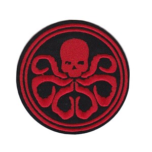 May include: Red and black embroidered patch with a skull and tentacles, resembling a hydra, in a circle. The patch is 3.25 inches in diameter.