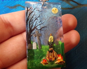 Burning Witch Salem trials one of a kind sculpted painted resin cast necklace