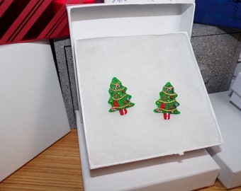 Christmas Town Holiday Tree tiny details all hand sculpted ooak stud post earrings