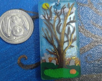 Fall tree painted epoxy resin pendant necklace grave yard with pumpkin and sparkle