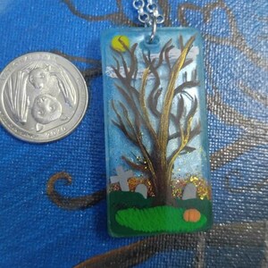 Fall tree painted epoxy resin pendant necklace grave yard with pumpkin and sparkle image 1