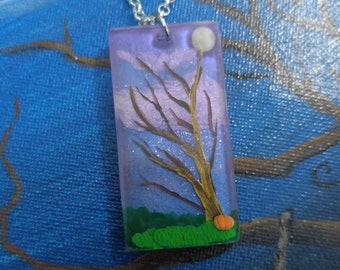 Fall Amethyst tree painted OOAK resin necklace with pumpkin and sparkle