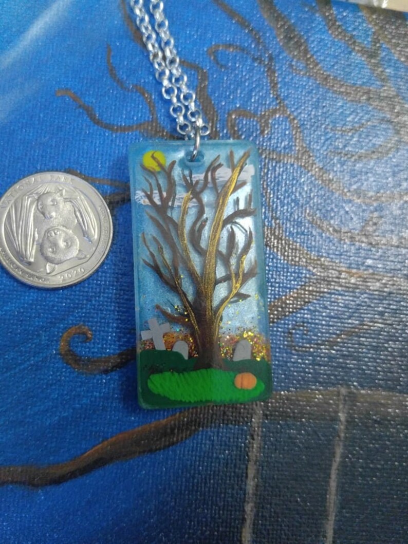Fall tree painted epoxy resin pendant necklace grave yard with pumpkin and sparkle image 1