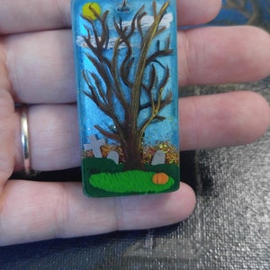 Fall tree painted epoxy resin pendant necklace grave yard with pumpkin and sparkle image 2