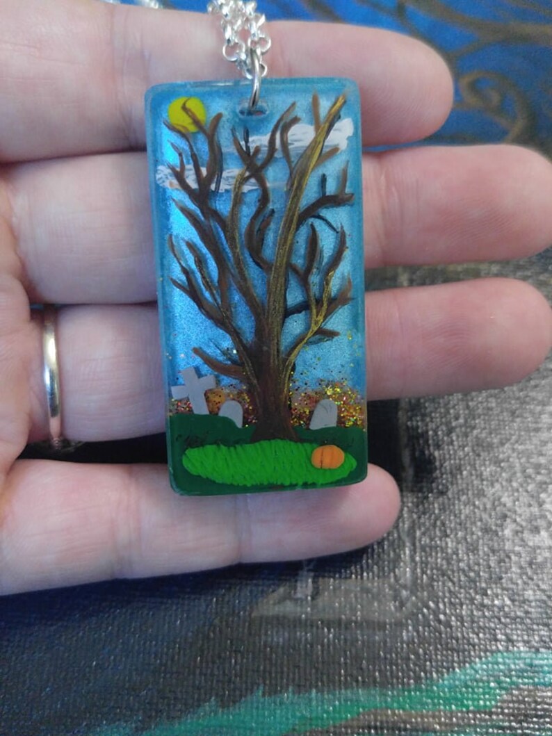 Fall tree painted epoxy resin pendant necklace grave yard with pumpkin and sparkle image 2